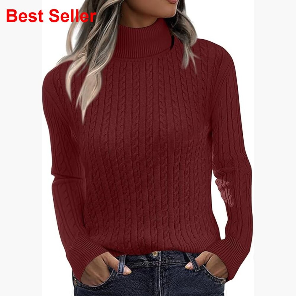 Cable Knit Turtleneck Pullover Sweater, Viscose Polyester Nylon Blend
